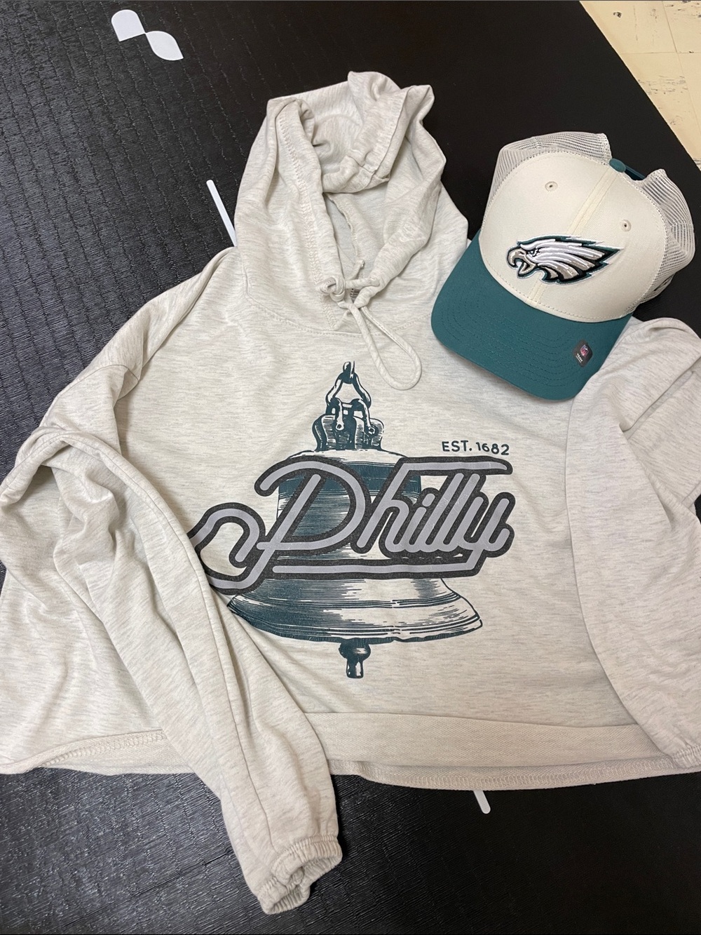 Philly  crop Graphic Hoodie - Light Heather Cream and Eagles ball cap